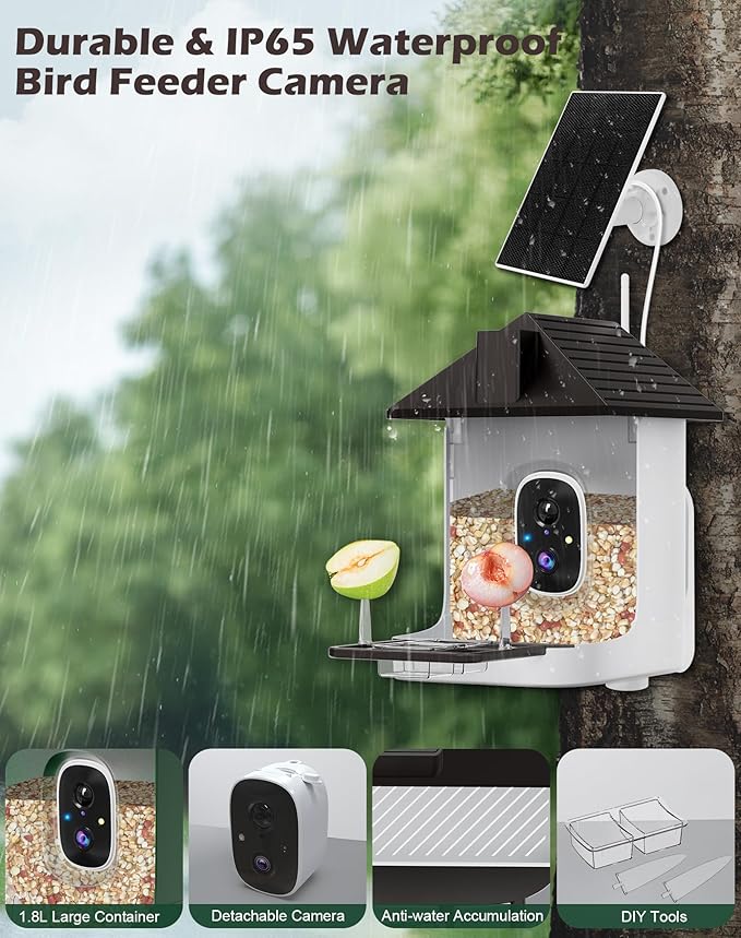Smart Bird Feeder with Camera Solar Powered, 2.5K Live Video Bird House Camera, AI Identifies, Auto Capture & Notify, Motion Detection, Cloud Storage, Color Night Vision, Ideal Gift for Bird Watching