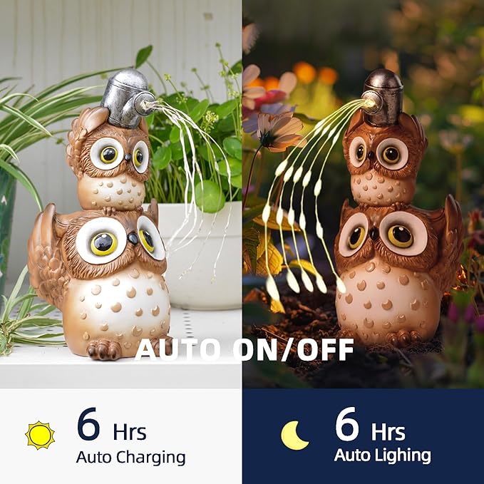 Solar Garden Statues Outdoor Decor, Watering Owl Statue Garden Decor, Resin Yard Decorations Outdoor for Patio, Porch, Balcony, Lawn Ornaments, House Warming Birthday Gifts for Mom Women Grandma