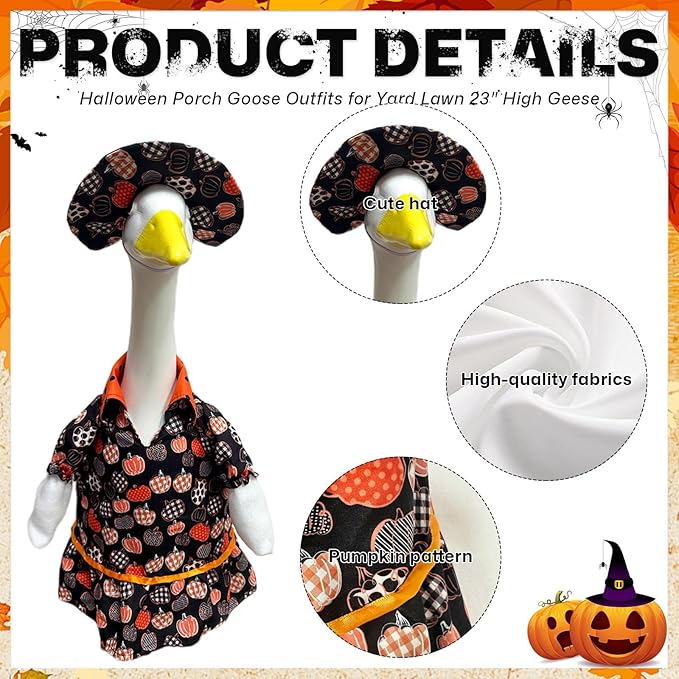 Halloween Porch Goose Outfit Set for 23'' Plastic Statue Lawn Porch Goose Clothes with Fall Pumpkin Skirt Hat Costume for Indoor Outdoor Patio Yard Lawn Art Decor
