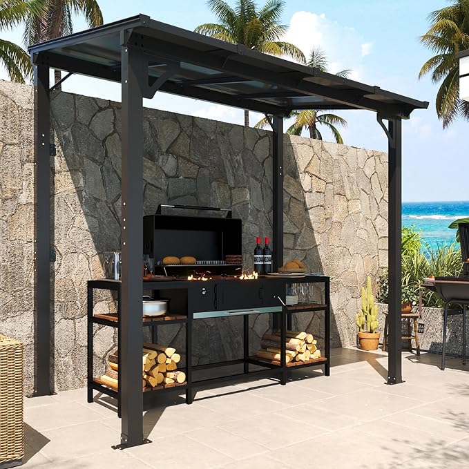 MEISSALIVVE 8' x 5' Gazebo Outdoor Pergola for Patio, Small Wall Mounted Lean to Metal Awnings with Sloped Roof, Heavy Duty Awnings for Patio, Decks, Backyard, Black