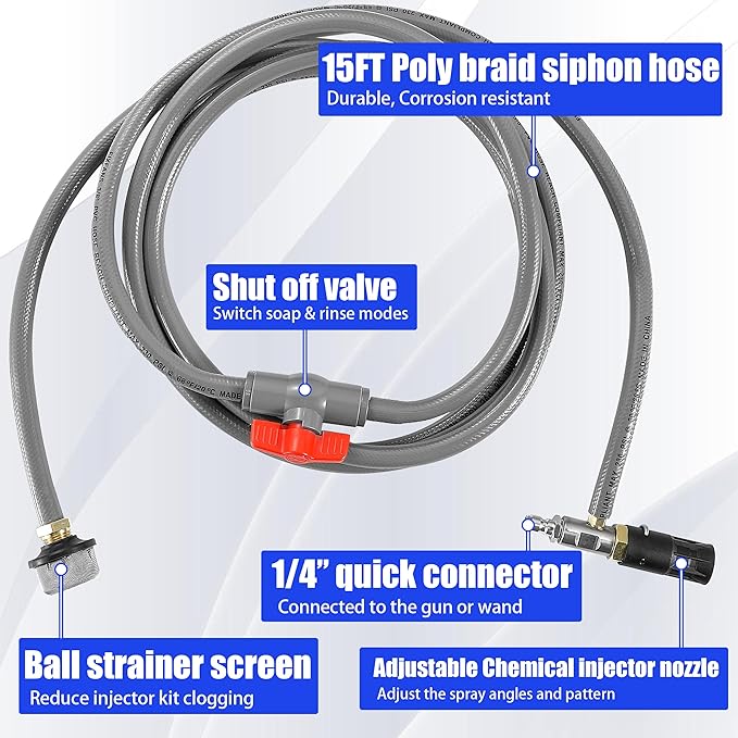 Adjustable Long Range Nozzle for Pressure Washer 4-4.5 GPM, Downstream Injection Spray Nozzle Kit, High Power Washing External Chemical Injector with 1/4” Quick Connect, 2500 to 4000 PSI
