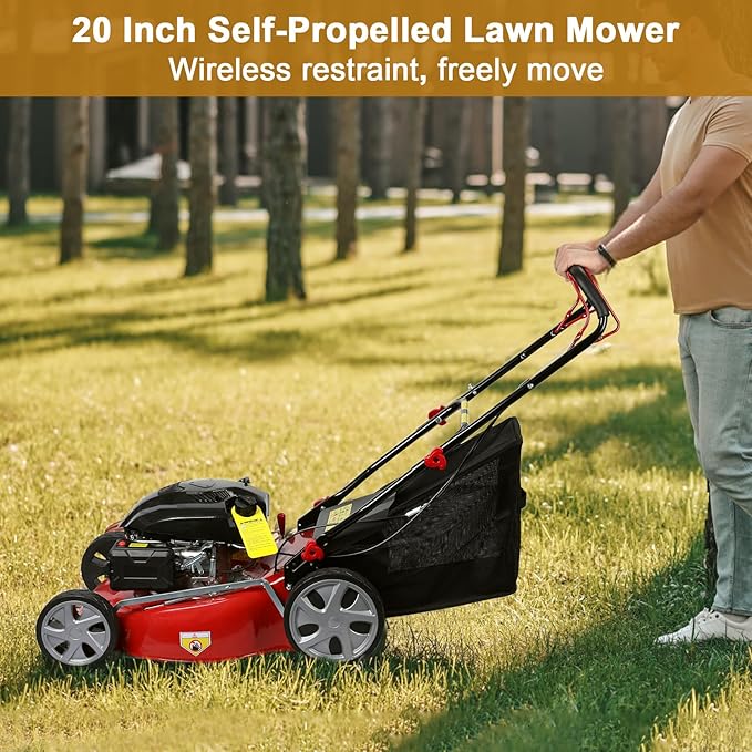 Self Propelled Gas Lawn Mower, 141cc Push Mower Gas Powered, 20" Blade, 4-Stroke Engine, Big Wheels, 50L Bag, Foldable Handle