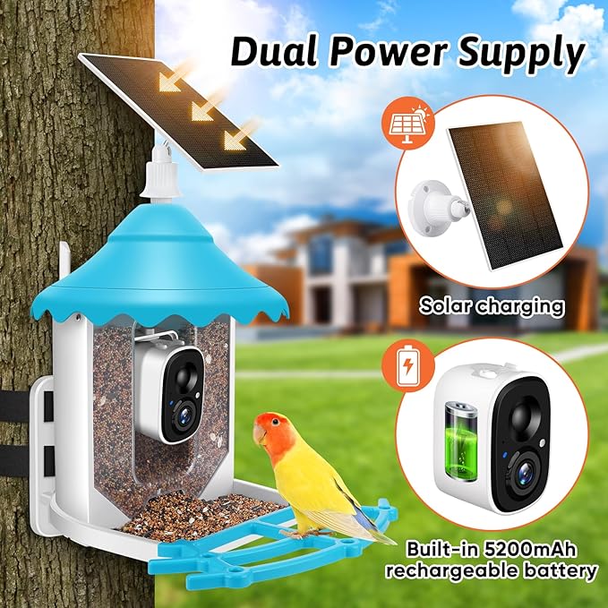 2K HD Smart Bird Feeder Camera with Solar Power, AI Bird Species ID, Auto Video Capture, Instant Notifications, SD&Cloud Storage