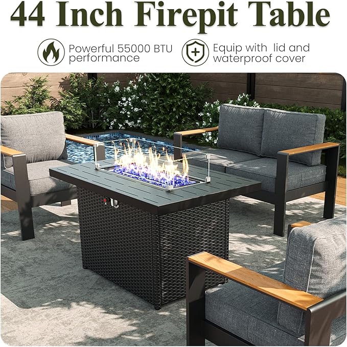 LayinSun 7 Piece Aluminum Outdoor Furniture Set with Fire Pit Table, Outside Patio Deep Seating Conversation Set with Upgraded Washable Thick Cushion