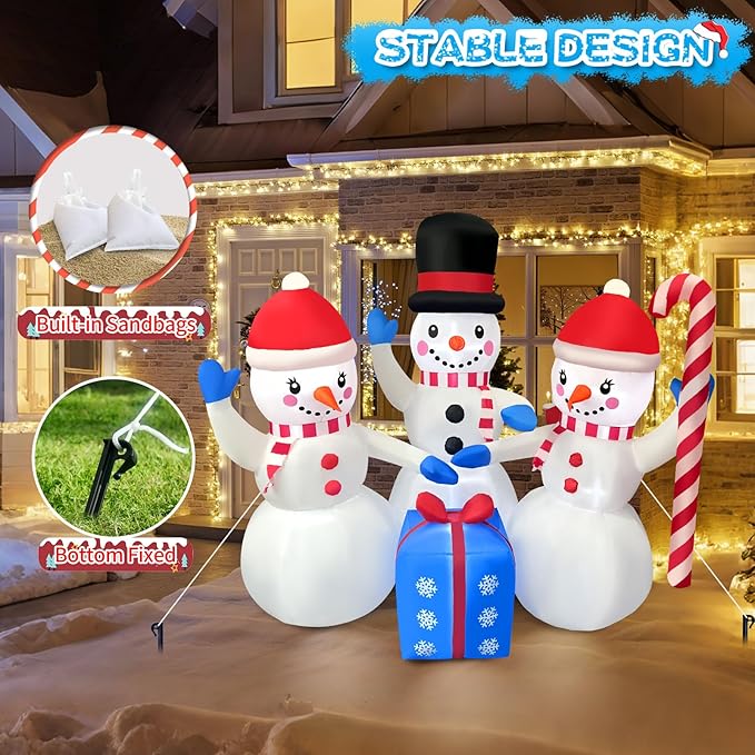 2025 Christamas Inflatable Snowman 6FT 3 Snowmen with Gift Box Christamas Inflatables Outdoor Decoration Xmas Snowman Blow Up Decor with Built-in 7 LED for Holiday Party Yard Garden Lawn