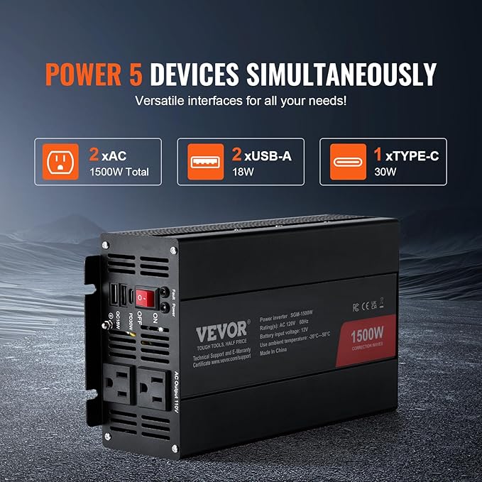 VEVOR Modified Sine Wave Inverter, 1500W Power Inverter DC 12V to AC 120V with 2 AC Outlets 2 USB Port 1 Type-C Port 6 Spare Fuses, for Small Home Devices Like Smartphone Laptop, CE FCC Certified