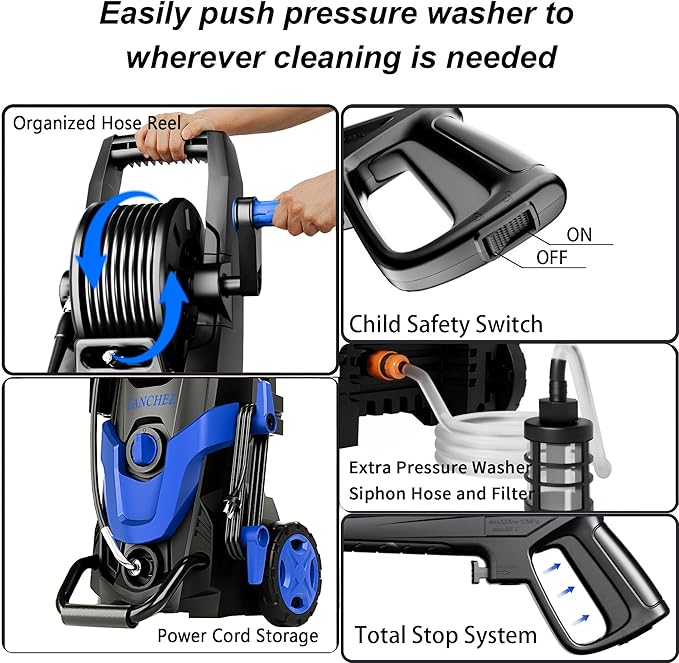LANCHEZ Pressure Washer 4800PSI with 4 Quick Connect Nozzles, Inlet Hose & Filter&500ML Foam Cannon, Power Washer for Cars/Fences/Driveways/Patios/Home Cleaning (Blue)
