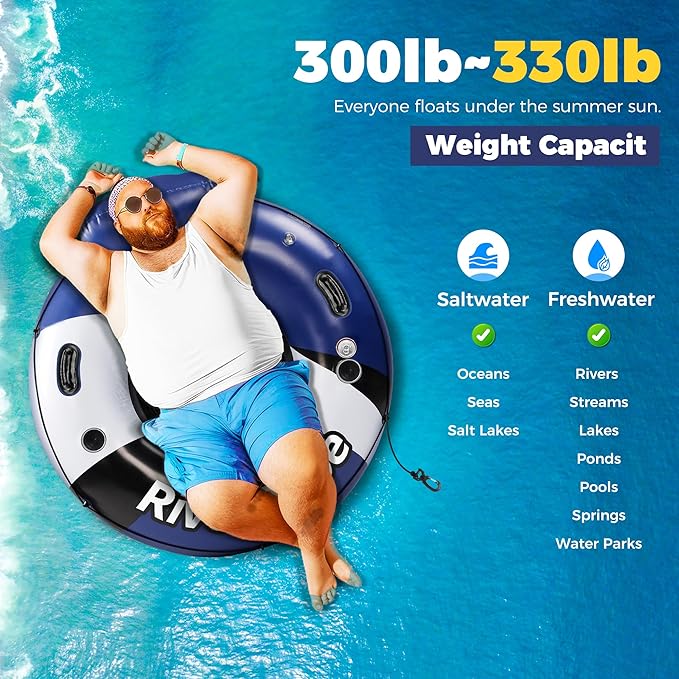 2025 New & Upgraded River Tubes for Floating Heavy Duty, Inflatable Float for Beach Lake Rafting, Fool Floats with Mesh Bottom, Cup Holder, Backrest