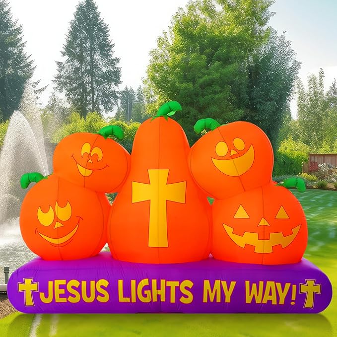 Chivao 5 ft Halloween Christian Inflatable Pumpkins Decoration for Outdoor Jesus Lights My Way Inflatable Pumpkins Trunk or Treat Blow up Yard Decor Halloween with LED for Garden Lawn Holiday Decor