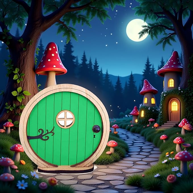 1Pc Fairy Garden Door for Tree, Fairys Doors for Trees Outdoor and Tree Trunk, Mini Fairy Garden Sculpture Lawn Ornament Decor, Fairys Tales Door Decoration，Gardens Miniatures (Green)