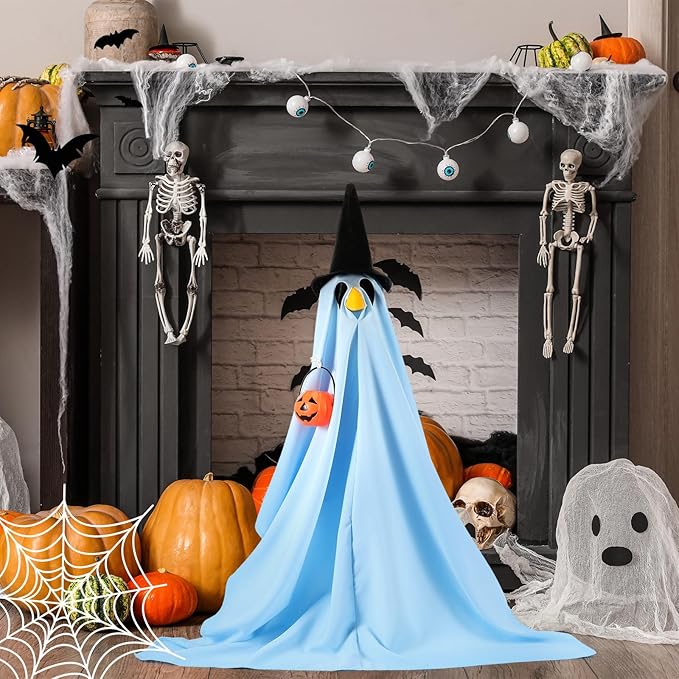 Halloween Porch Goose Outfit Ghost Lawn Goose Clothes with Pumpkin Bag for 23" Disco Plastic/Cement Outdoor Patio Yard Lawn Art Decoration(Blue,Matte)
