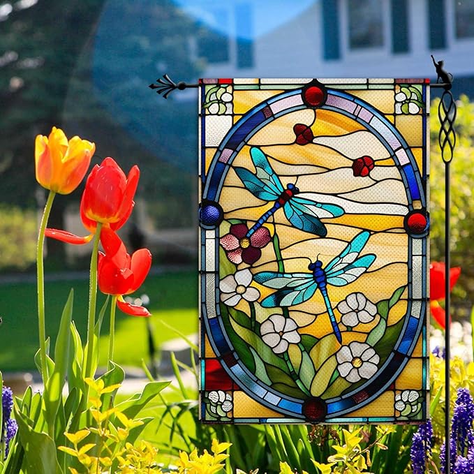 Spring Summer Dragonfly Garden Flag Stained Glass Style Floral Flowers Garden Flag Vertical Double Sided Rustic Farmland Burlap Yard Lawn Outdoor Decor 12.5x18"
