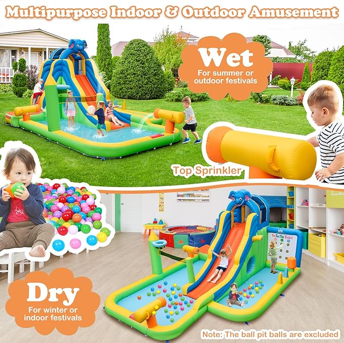 BOUNTECH Inflatable Water Slide, Elephant Surfing Slide Kids Water Park Jump Bouncy Castle w/2 Splash Pools, Hide & Seek Cave, Outdoor Water Slides Inflatables for Big Kids Backyard Party Gifts