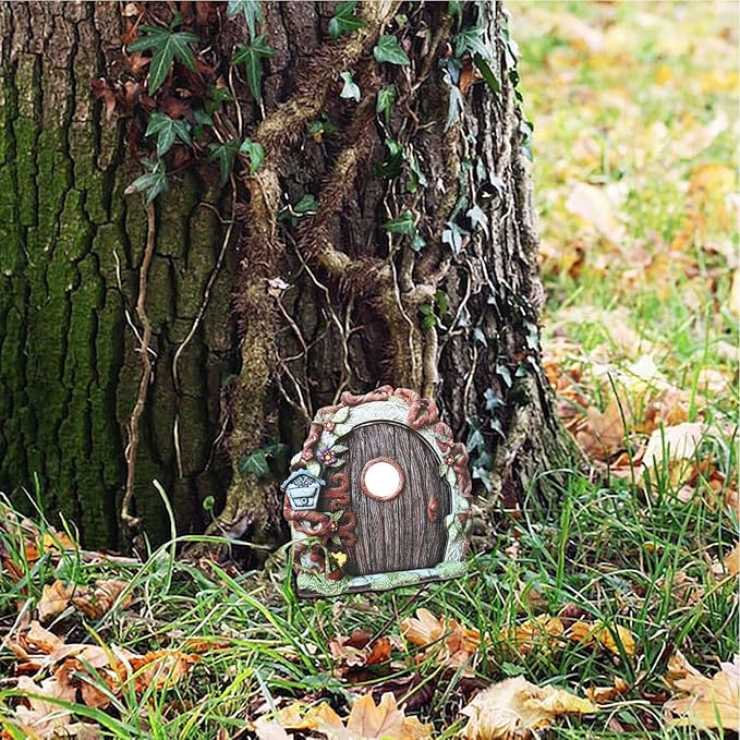 Miniature Fairy Door, Wooden Gnome Door for Trees Wall, Fairy Garden Outdoor Decor Accessories