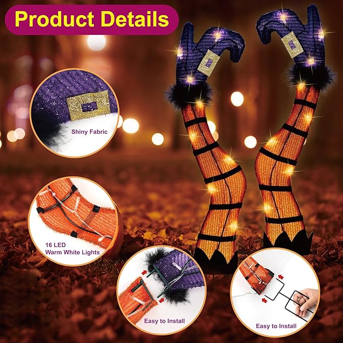 30" Halloween Lighted Witch Legs with Stakes, Light Up Witch Feet with Timer & 8 Lighting Modes, Battery Operated Witch Decor for Outdoor Yard Garden Lawns Pathway Decor (24" Leg+6" Stake)