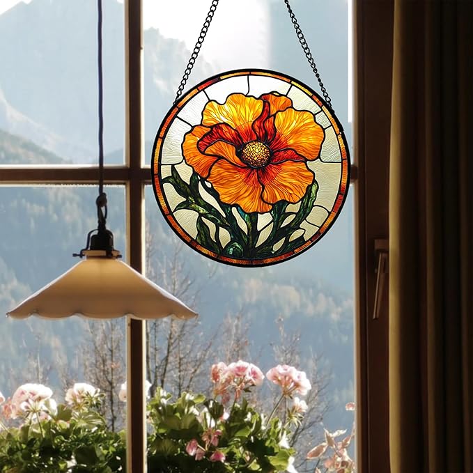 Stained Glass Window Hanging - Orange Poppy Birth Flower Suncatcher for Door Garden Yard Retro Sun Catchers Decor Christmas Mother's Day Birthday Gifts for Women Mom Nana Friend 9.8 in