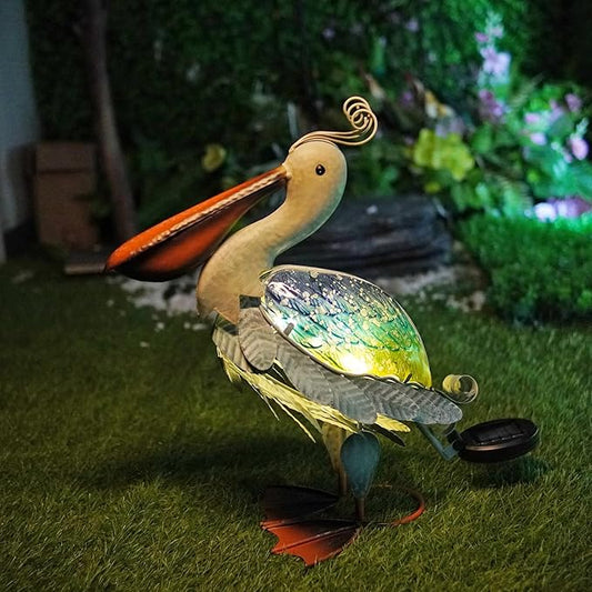 HONGLAND Solar Metal Pelican Statues Garden Sculpture & Statues, 17 Inch Glass Outdoor Pelican Yard Art Coastal Ocean Bird Decor Lawn Ornament for Backyard Porch Patio Decor（Blue-Green）