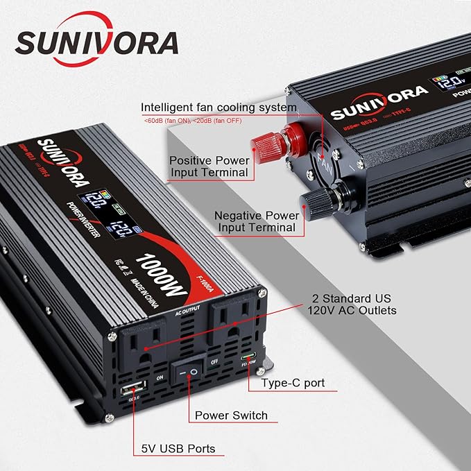 1000 Watt Inverter with LCD Display 12V DC to 110V/120V AC 2000 Watt(Peak) Car Power Inverter with 2 AC Outlets 20W PD USB-C and 18W QC USB-A Power Converter for Car, Laptops, Road Trip