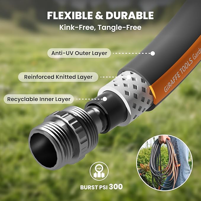 Giraffe Tools Garden Hose 100FT, 5/8" Lightweight Lay Flat Water Hose, Custom Length, Flexible, Leakproof Hybrid Hose Pipe with Male to Female Fitting