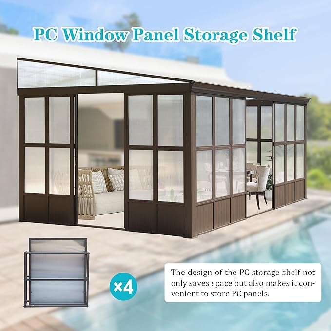 12x16FT Lean to Sunroom, Patio Wall Mounted Solarium All Weather Use, Against The Wall Enclosed Gazebo Small Guest House with Removable Polycarbonate Roof/Windows, 2 Lockable Sliding Doors