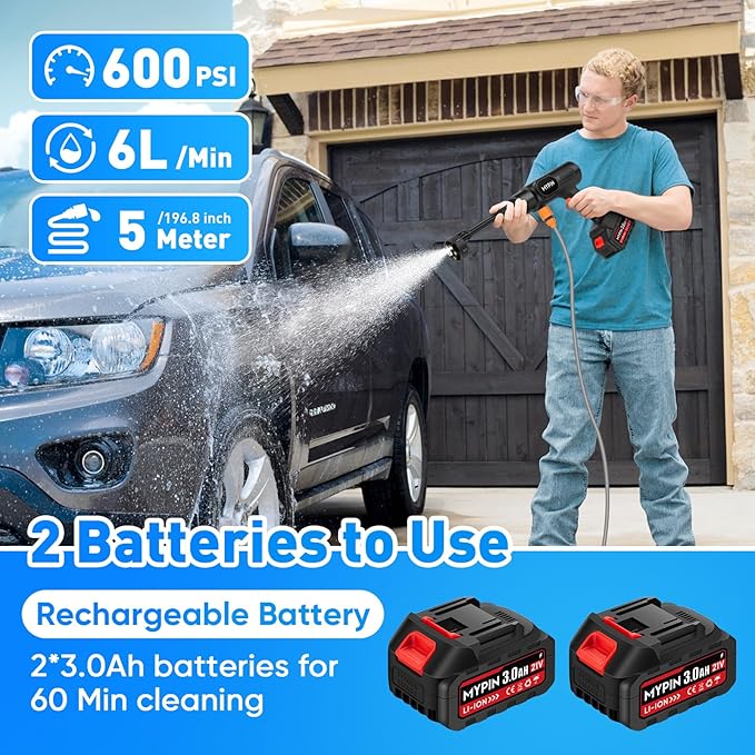 Portable Cordless Pressure Washer, 600 PSI 21V Rechargeable Two Batteries Powered Pressure Washer,6-in-1 Nozzle with Standard Nozzle for Car Floor Wall Fence Cleaning