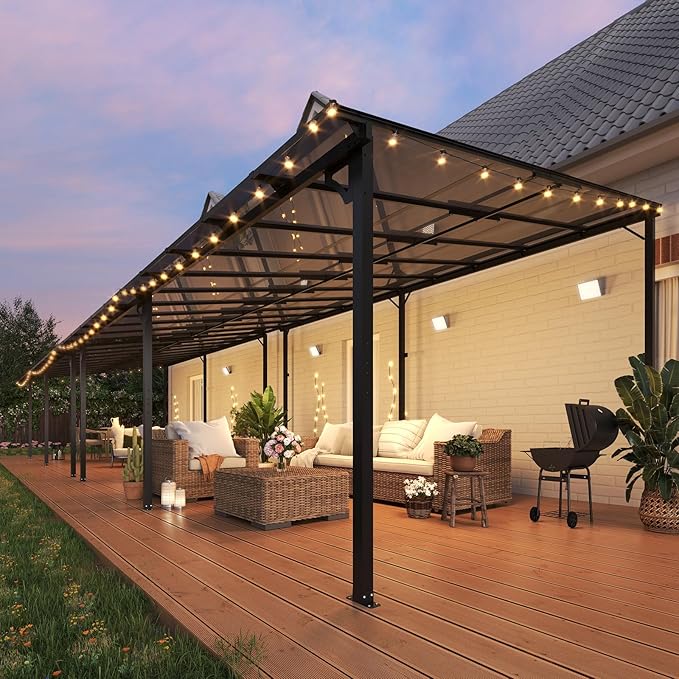 MEISSALIVVE 12' x 40' Gazebo, Wall Mounted Gazebo, Lean to Metal Awnings Gazebos with Sloped Roof, Outdoor Patio Awning for Backyard, Deck, Black