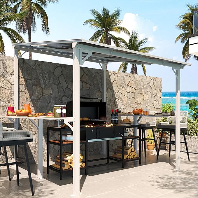 MEISSALIVVE 8' x 8' Wall Mounted Gazebo, Outdoor BBQ Grill Gazebo with Side Shelf, Lean to Metal Awnings with Sloped Roof, Heavy Duty Pergola for Backyard, Deck, White