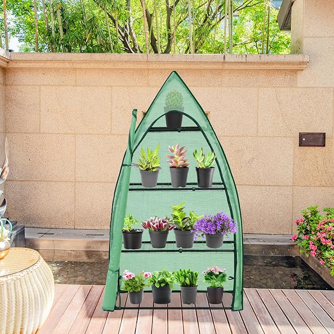 EAGLE PEAK 4-Tier Mini Greenhouse Portable Green House with Shelves & Weather-Resistant PE Cover, Small Greenhouse for Seedlings & Gardening Gifts, 35x18x63 in, Clear/Green