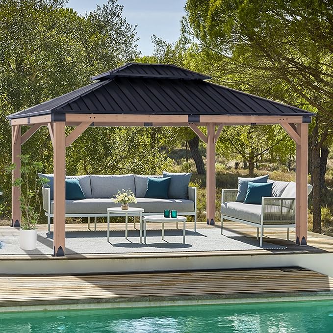 CHARMELEON Hardtop Wood Gazebo 10x12 ft – Cedar Wood Frame Gazebo with Double Metal Roof – Outdoor Wooden Gazebos Pavilion for Patio, Backyard and Deck – Frosted Black Top & Grayish Brown Frame