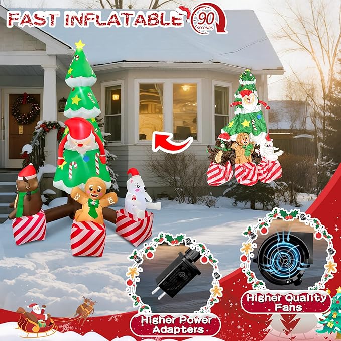 2025 Inflatable Christamas Tree 8FT Christmas Tree nflatables Combined with Santa Claus and Friends Christamas Tree Blow Up Outdoor Yard Decor Built-in 9 LEDs for Party Yard Garden Lawn