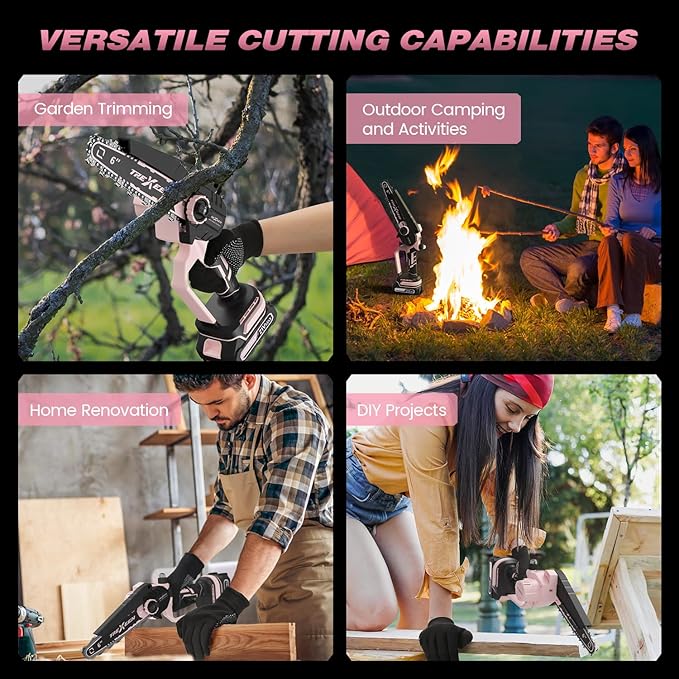 Mini Chainsaw, 6-Inch Electric Chainsaw Cordless, Upgraded 900W Brushless Portable Handheld Small Chain Saw with Auto Chain Regulator & Auto Oiler for Wood Cutting/TreeTrimming/Courtyard (Pink)