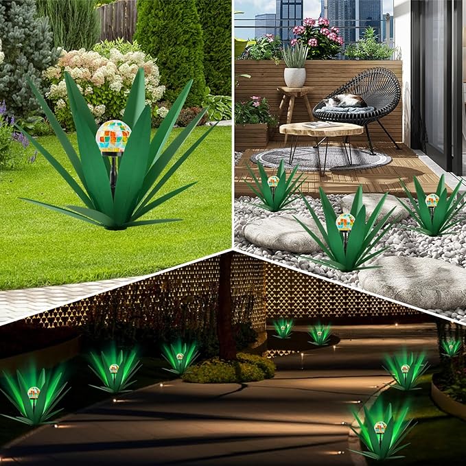TOMBABY Solar Rustic Garden Style Metal Agave Plants Outdoor Patio, Home Decor Hand-Painted Metal Agave Garden Patio Statues, Suitable for Desert Areas Outdoor Lawn Decorations (2 Solar Green)