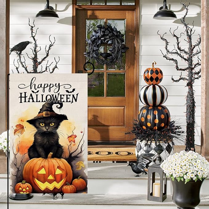 BLKWHT Halloween Cat Garden Flag 12x18 Vertical Double Sided Happy Halloween Pumpkin Holiday Outside Decorations Burlap Yard Flag BW479