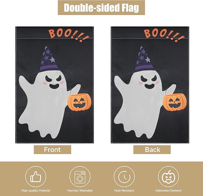 Halloween Garden Flag - Halloween Decorations Outdoor, Yard Flag for Outdoor Holiday Home Decor, Double Sided 12x18 Inch - Ghost