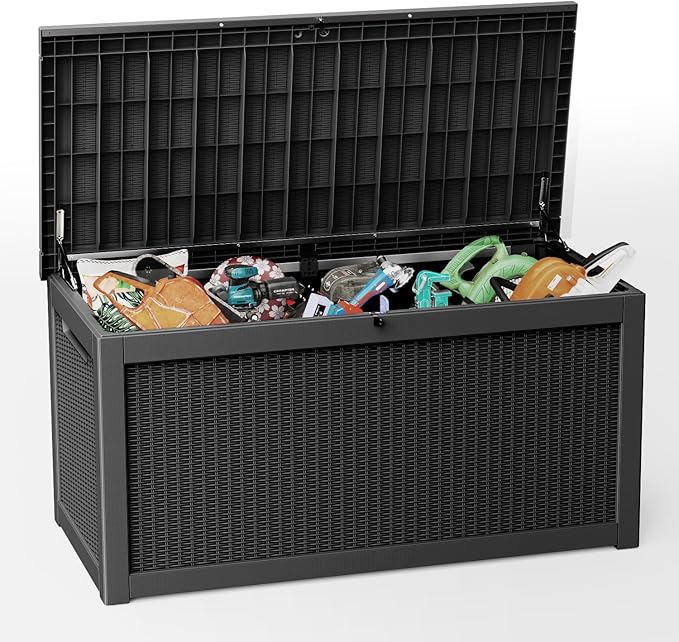EasyUp 260 Gallon Outdoor Storage Box Waterproof, UV Resistant Resin Deck Box with Hydraulic Rod, Reinforced Stability for Patio, Garden, Rattan Black