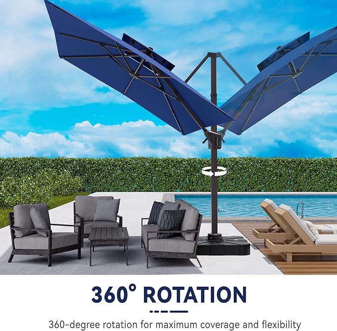 10x13 FT Cantilever Patio Umbrella with Base Included Double Top Outdoor Rectangular Large Heavy Duty Aluminum Offset Umbrellas with 7 Level Tilt 360-degree Rotation for Pool Garden Deck, Navy