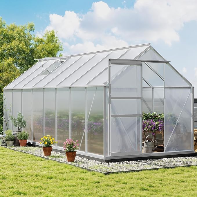 YITAHOME 6x16FT Polycarbonate Greenhouse Large Heavy Duty Green Houses Outdoor Aluminum Greenhouses with Sliding Doors Vent Window Walk-in Greenhouse for Garden Backyard, Silver