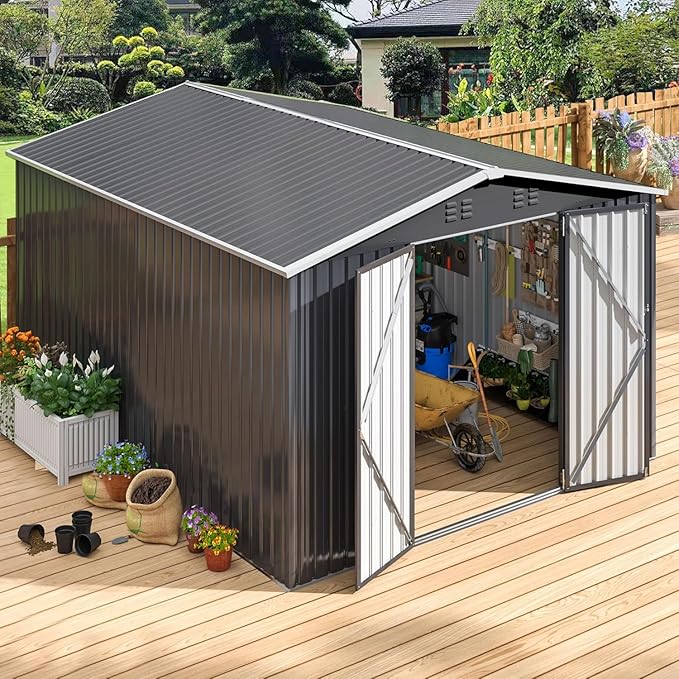 Polar Aurora 10 x 14 FT Outdoor Storage Shed, Metal Garden Shed with with Updated Frame Structure, Tool Sheds for Backyard Garden Patio Lawn, Black