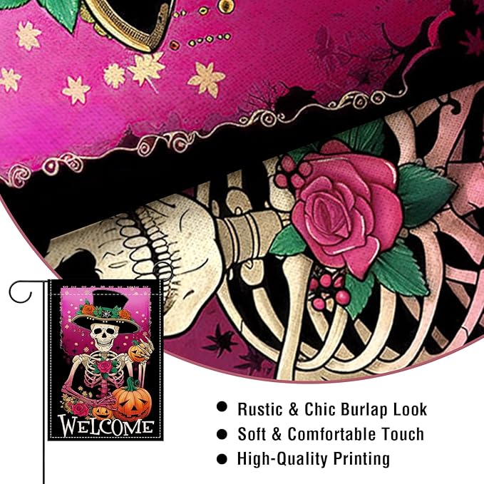 Artofy Welcome Halloween Gothic Skeleton Small Decorative Garden Flag, Pink Horror Skull Jack O Lantern Pumpkin Yard Lawn Outside Decor, Scary Flowers Burlap Outdoor Home Decoration Double Sided 12x18