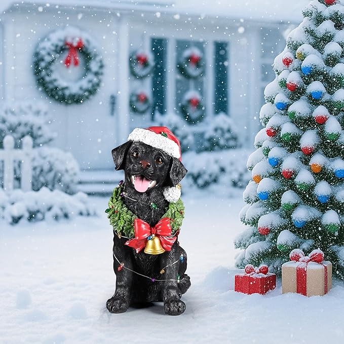 Christmas Outdoor Decoration Dog Statue, LED Light Cute Labrador Dog Sculpture with Santa Outfit & Lights for Garden and Yard, Indoor Holiday Décor Gift for mom and dad