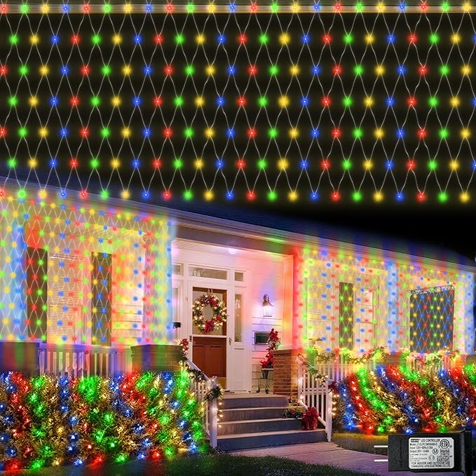 Christmas Net Lights, 610 LED Large Outdoor Net Mesh Lights 34.5X 5ft, 8 Modes Waterproof Twinkle String Lights Connectable for Bushes Halloween Yard Decor, Colorful
