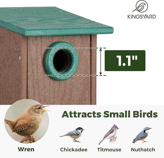 Kingsyard Recycled Plastic Bird House for Outdoors - Weatherproof Wren Bird Nesting with Predator Guard & Air Vents, Green