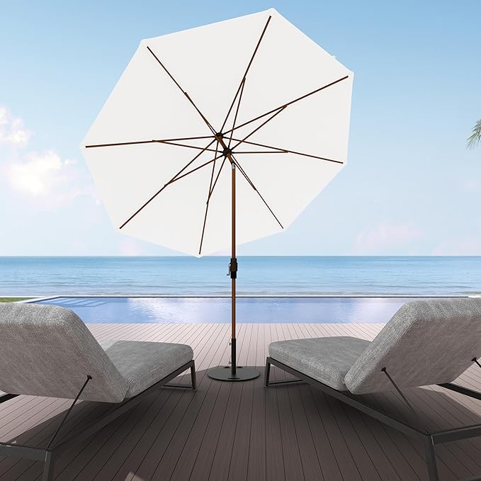 Midtown Umbrellas The Wooden 2-10 Feet Large Patio Umbrella, Terylast Ivory White Fabric - Auto-Tilt Aluminum Frame For Backyard Umbrella, Deck Umbrella, Garden Umbrella & Pool - Wooden Pole