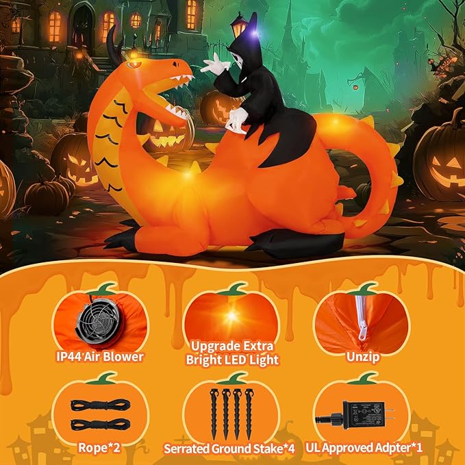 8FT Halloween Inflatables Dinosaur Outdoor Decoration, Grim Reaper Riding Dinosaur with 5 LED Lights Built-in Blow Up, Holiday Outside Decor for Yard Lawn Patio Garden Party