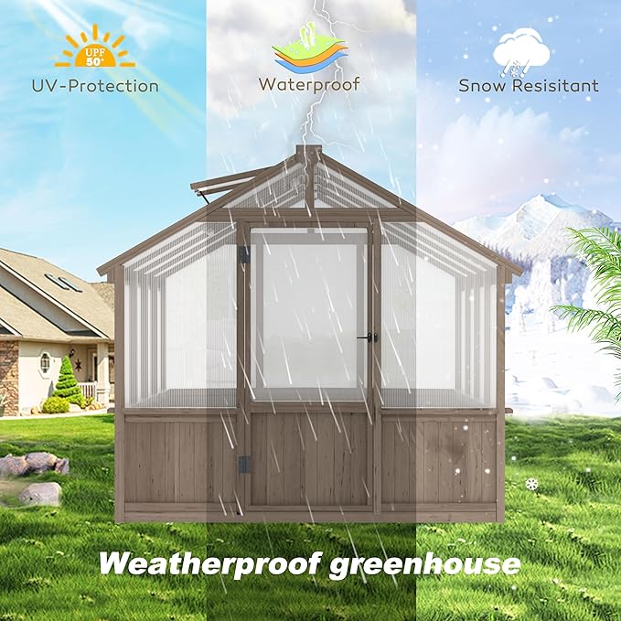 8x8 FT Greenhouse Kit for Outdoor, 6MM Thick Polycarbonate Panel Wooden Walk-in Green House with Lockable Door and Adjustable Roof Vent, Backyard Garden, Light Mocha Brown
