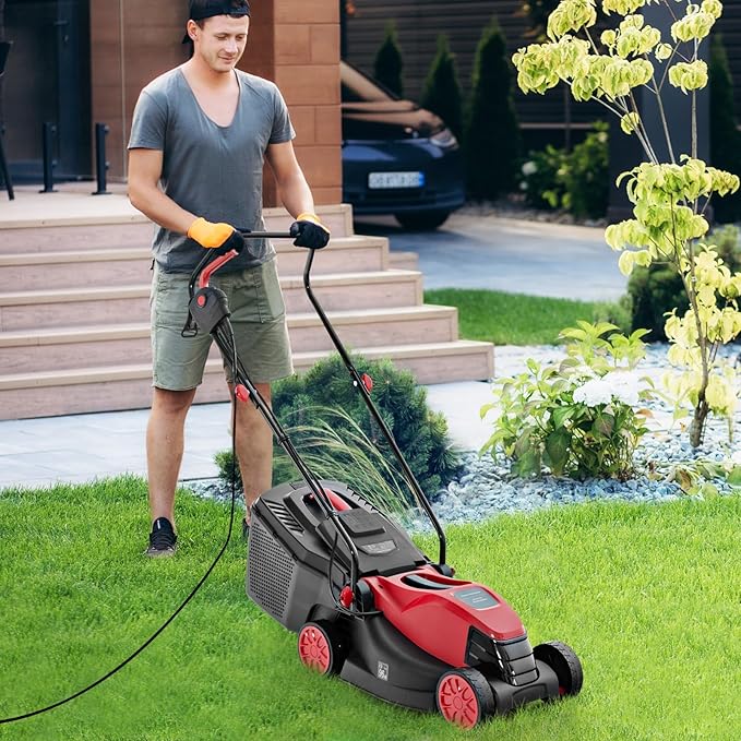 S AFSTAR Electric Corded Lawn Mower, 12-AMP 14-Inch Walk-Behind Lawnmower with Collection Box, 3 Adjustable Height Position, Self Locking Function, Push Lawn Mower for Backyard Patio