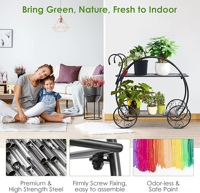 S AFSTAR Metal Plant Stand, Two Tiered Garden Cart Shelf for Indoor Outdoor Home Garden Patio, Parisian Style Flower Pot Holder, Stable and Durable