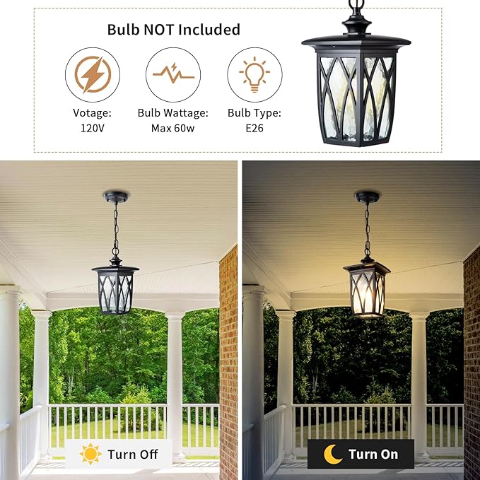 JYZ 2 Pack Outdoor Pendant Light Fixture, 12'' Exterior Hanging Lantern, Modern Black Metal Outside Chandelier Light Fixture Ceiling Mount with Water Ripple Glass & Adjustable Chain for Porch, Gazebo