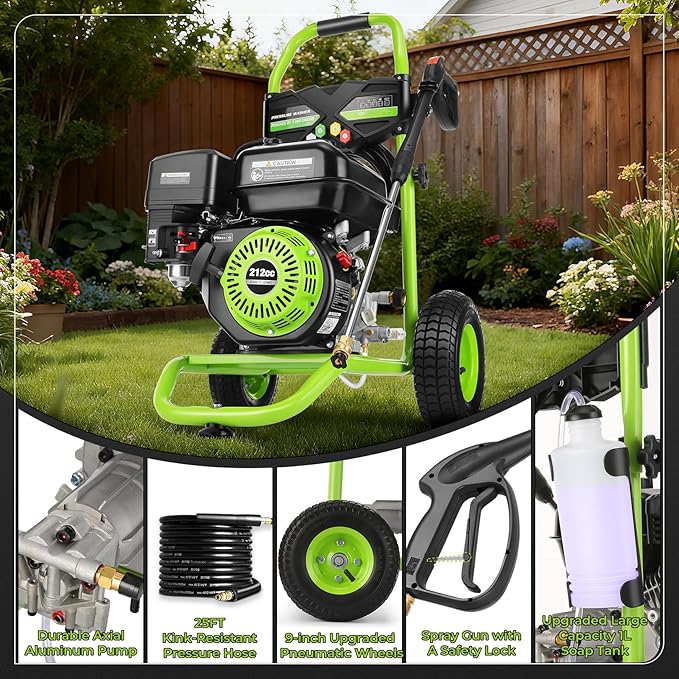 4200 PSI Gas Pressure Washer, 4.0 Max GPM 212CC 7HP Commercial Gas Power Washer, Spray Gun and Wand, 5 Nozzle Set, for Cars/Fences/Driveways/Homes/Patios/Furniture (Green)