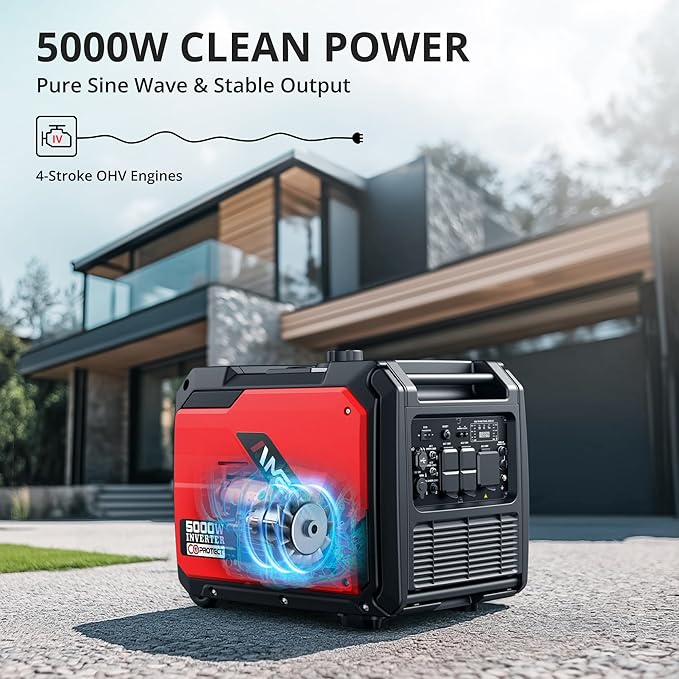5000W Super Quiet Inverter Generator – CO Sensor, RV Ready 30A Outlet, Wheels & Handle Kit, Parallel Capable for Home Backup, Camping, and Emergencies, EPA Approved